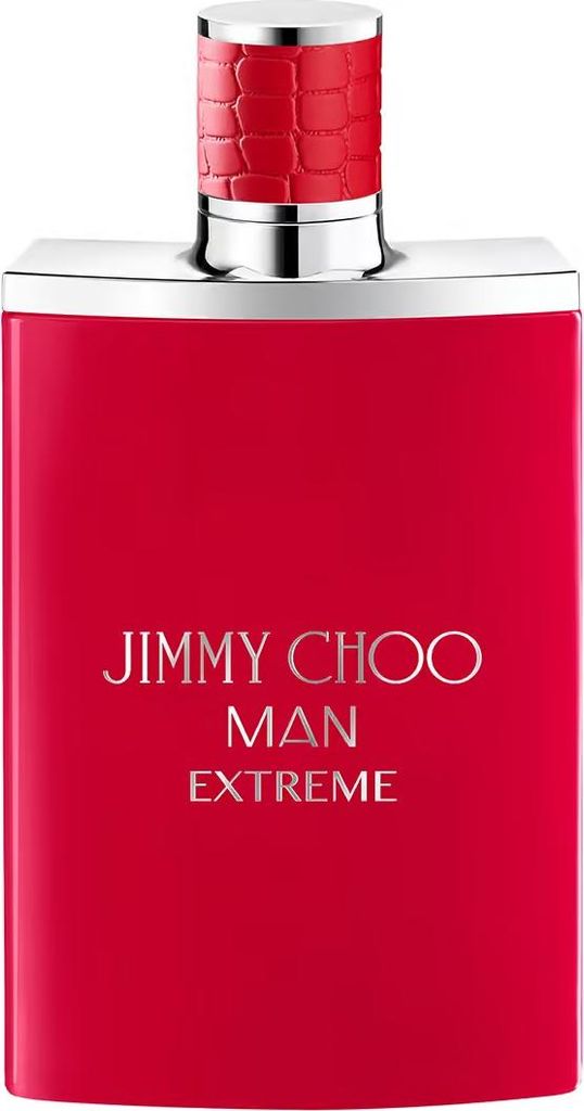 A studio shot of a red bottle of Jimmy Choo Man Extreme Eau de Parfum.