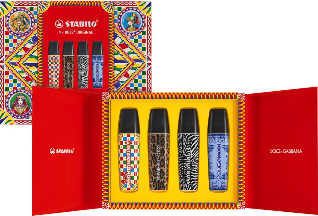 A gift set of STABILO BOSS highlighters with Dolce & Gabbana patterns, presented in a red box with decorative elements.