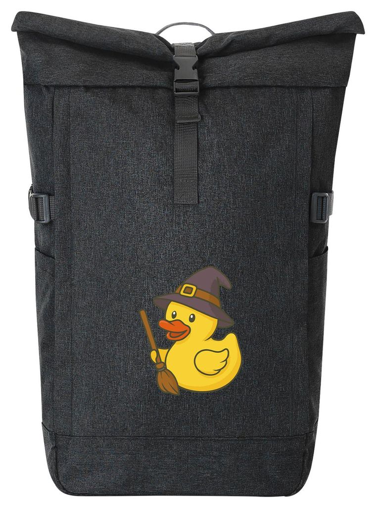Huuraa Kurierrucksack Quietscheente Hexe Comic Gummiente 30-44 Liter Black Melange Fairtrade Rolltop Rucksack Geschenkidee