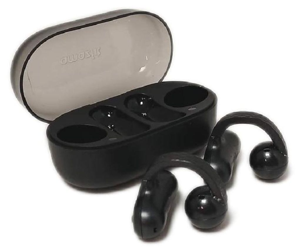 A pair of black wireless earbuds and their charging case are displayed on a white background.