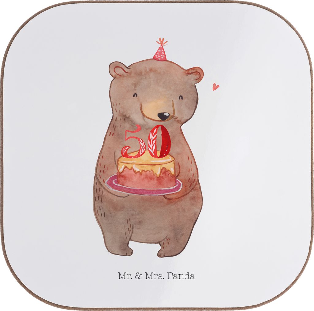 Mr. & Mrs. Panda Untersetzer Quadratisch Bär Torte 50. Geburtstag - Weiß - Geschenk, für Gläser, Glas, Holzuntersetzer, Kuchen, Kerzen, Tassenu...