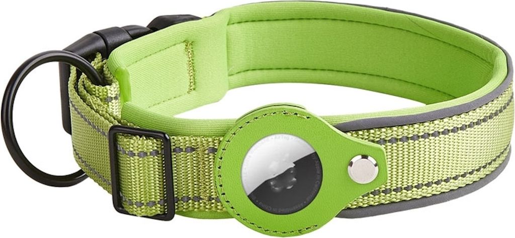 A close-up studio shot of a green dog collar with reflective stripes and an attached AirTag holder.