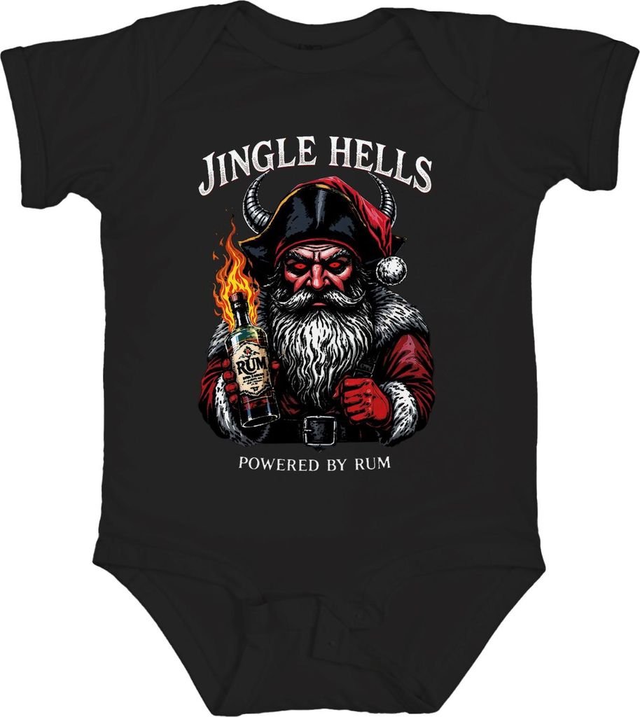 Jingle Hells Powered by Rum Santa horned flaming bottle Christmas Unisex Baby Body, Schwarz, 0/3