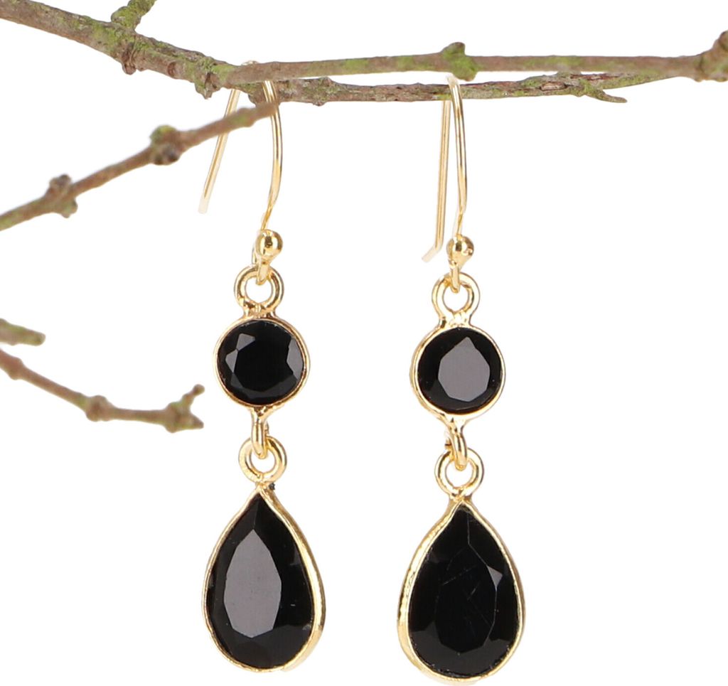 Vergoldete Boho Ohrringe aus Sterlingsilber, Edle Ohrringe - Onyx, Schwarz, 2,5*1,3*0,6 cm, Silberohrringe