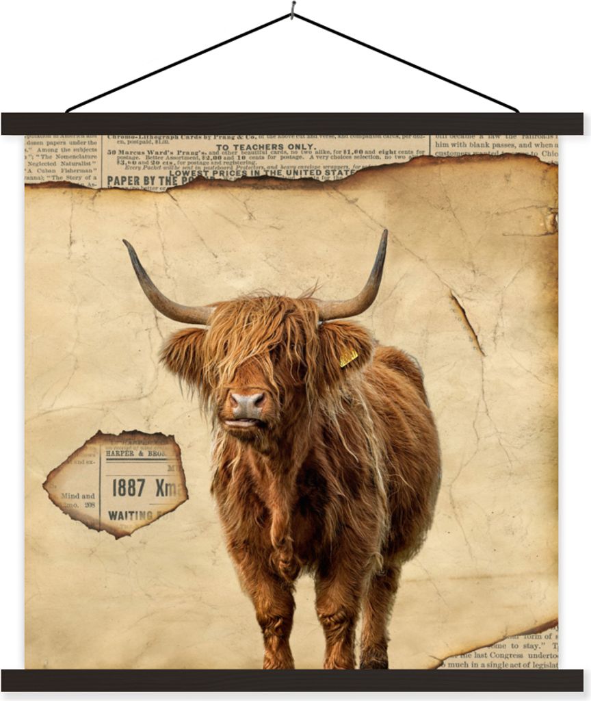 MuchoWow Textilposter Schottisches Hochlandrind - Vintage - Kuh 90x90 cm mit schwarzem Rahmen - Magnetisches