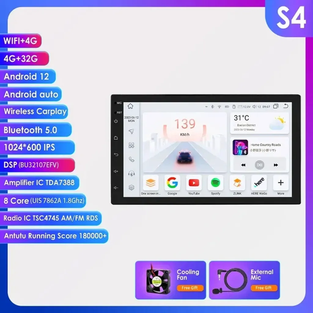 Autoradio Android S4 avec GPS et CarPlay pour Navigation Connectée 4G