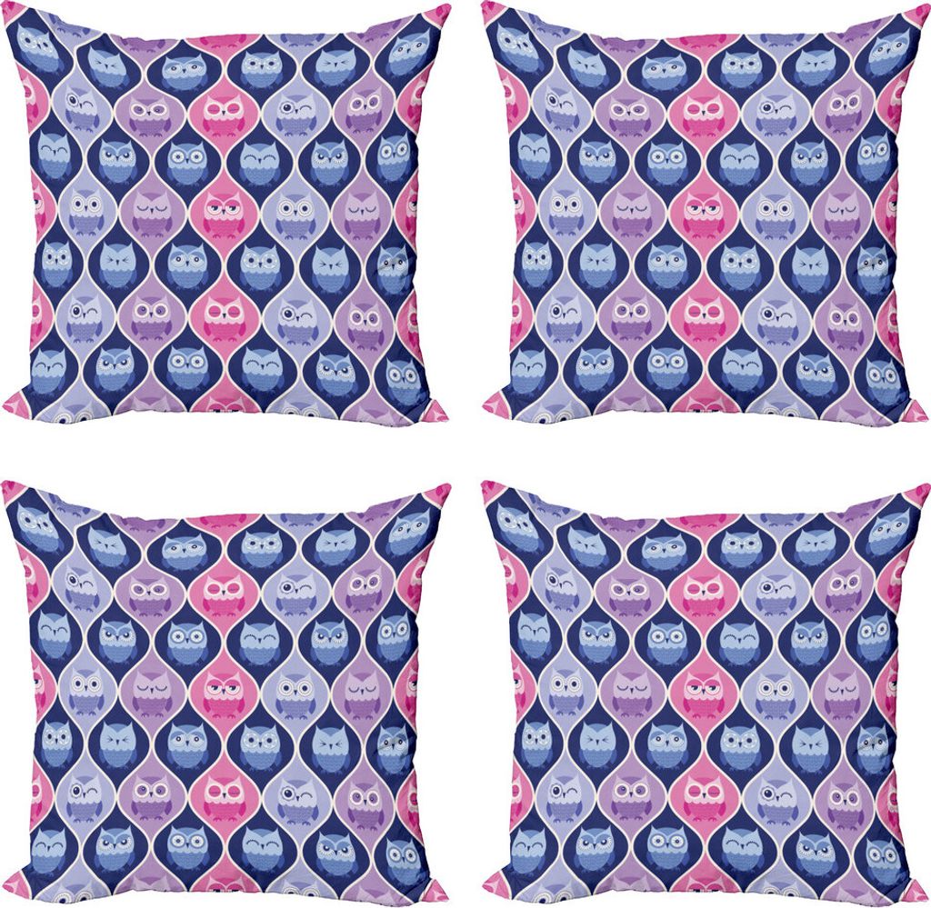 ABAKUHAUS Eule Kissenbezug Set (4 Stück), Vertikal Sleeping Owls, Moderner Doppelseitiger Digitaldruck, 40 cm x 40 cm, Rosa Violett Blau