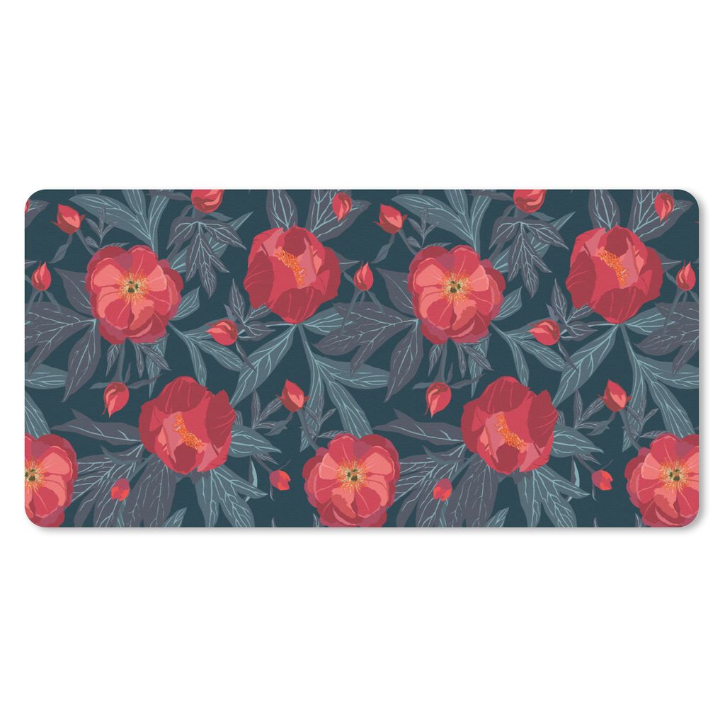MuchoWow Schreibtischunterlage Blumen - Rot - Blätter - Muster 80x40 cm - XXL Mauspad - Gaming Mauspad