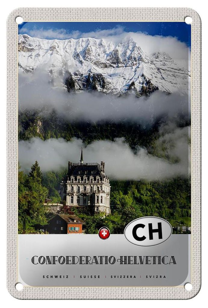 Blechschild Reise 12x18cm Confoederatio Helvetica Schloss Natur Schild