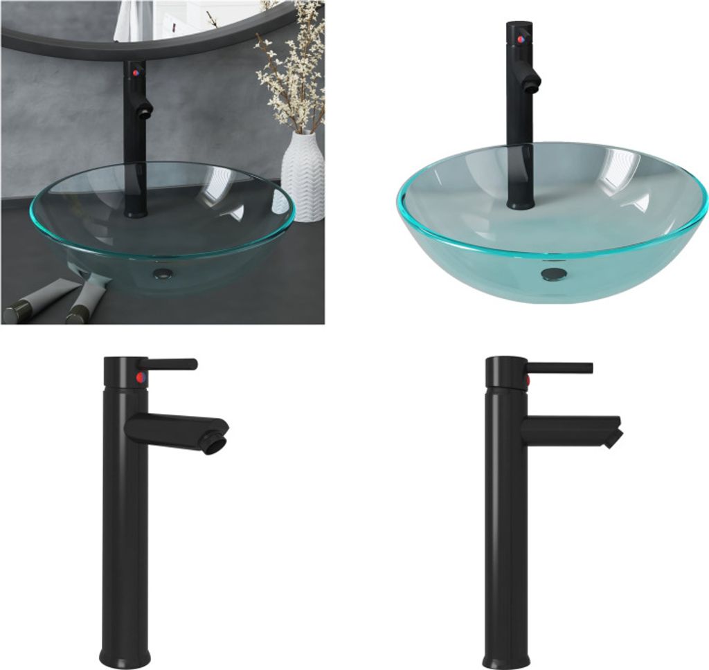 vidaXL Waschbecken mit Wasserhahn und Ablaufgarnitur aus gehärtetem Klarglas - Waschbecken - Spülbecken - Waschtisch - Gehärtetes Glas