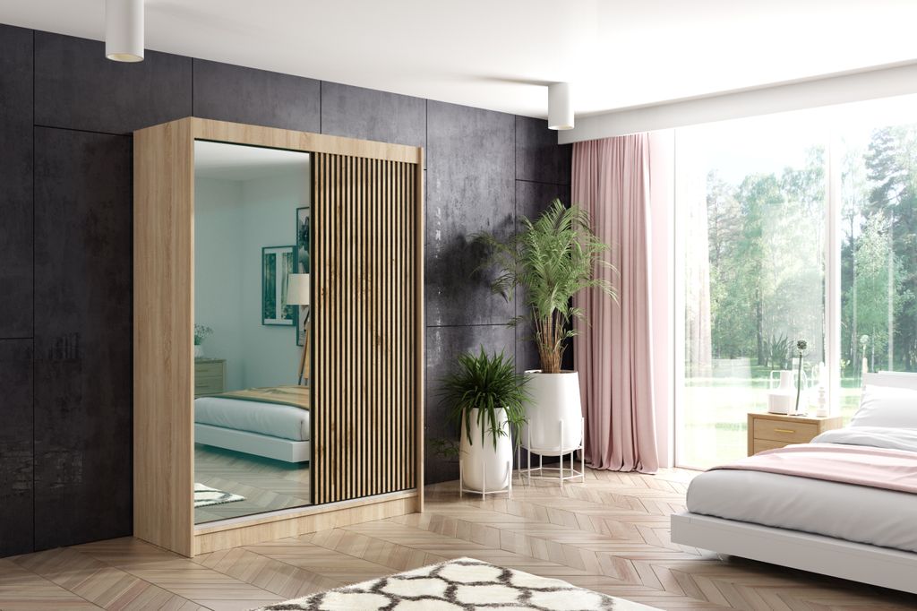 ALTDECOR Kleiderschrank mit Spiegel und Lamel-Schiebetüren, kugelgelagerte Führungsschienen und Aluminium-Leisten - VILO - 150 cm - Sonoma Eiche/...