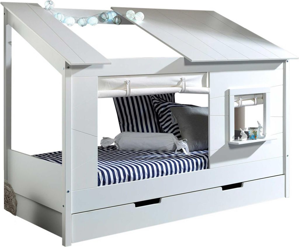 Hausbett Lio 90x200 mit Bettkasten und Vorhängen - weiß
