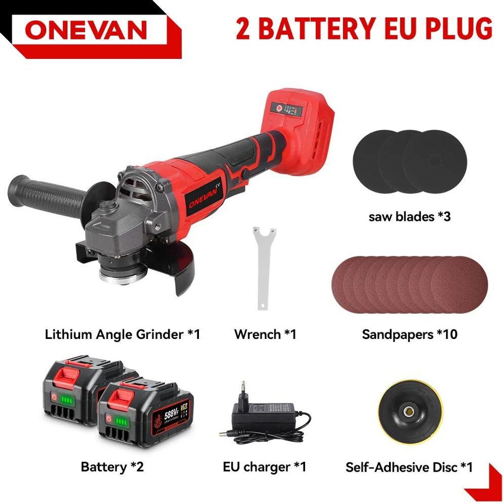 Winkelschleifer - Akku - 3000 W - 125 mm - 0–12000 U/min - Bürstenloser Motor - Variable Drehzahl - 2 Akkus - Orange