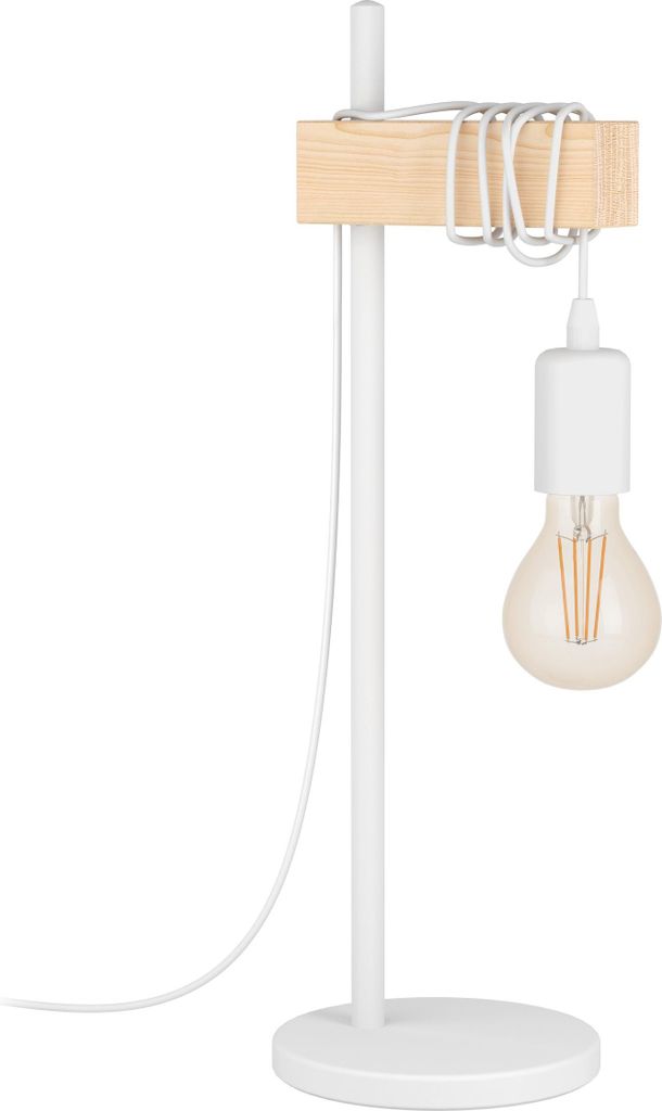 EGLO Tischlampe Townshend, Vintage Tischleuchte im Industrial Design, Retro, Nachttischlampe aus Stahl und Holz, Weiß und Braun, E27, mit Schalter