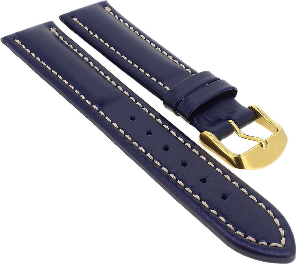 Minott Uhrenarmband | weiches Kalbleder blau mit Naht 32267S/G, Stegbreite:20mm, Schließe:Gelbgolden