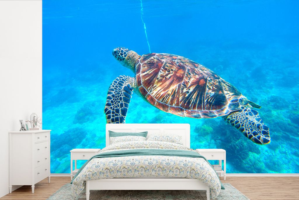 MuchoWow Fototapete für Wohnzimmer oder Schlafzimmer Wandtapete Vinyl Motivtapete Schildkröte - Meer - Blau - 360x240 cm - Vinyl-Tapete