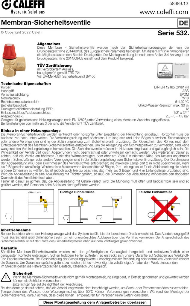 Caleffi Membran-Sicherheitsventil mit Manometer für Heizung, SV - 1/2" x 1/2" - 2,5 bar