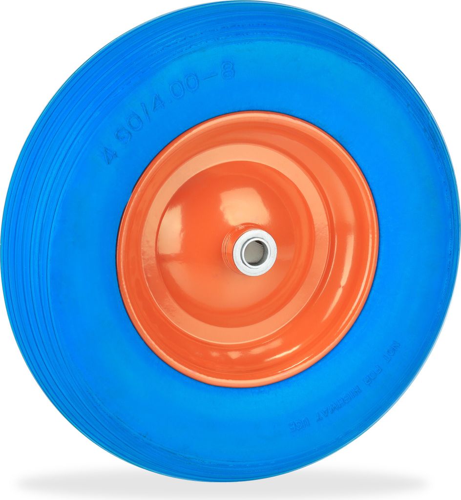 Relaxdays Schubkarrenrad 4.80 4.00-8, Vollgummireifen mit Stahlfelge, Ersatzrad pannensicher, bis 120 kg, blau/orange