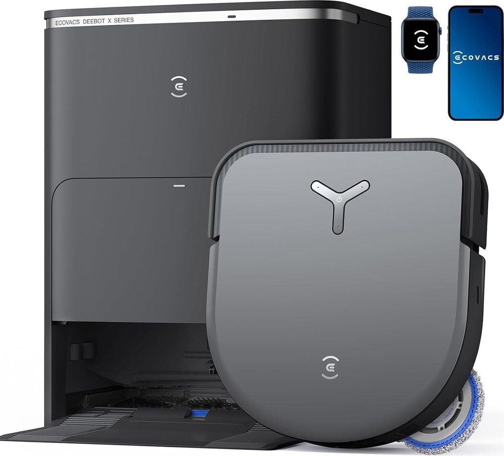 A robotic vacuum cleaner and its charging station are displayed, along with a smartwatch and a smartphone showing the brand's app.
