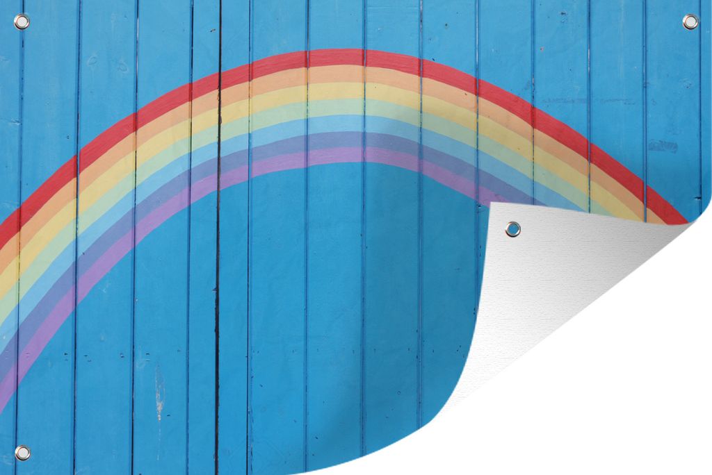 MuchoWow 60x40 cm Outdoor-Poster Gartendeko Sichtschutz Garten Poster für den Garten Ein gemalter Regenbogen auf einem Holzzaun