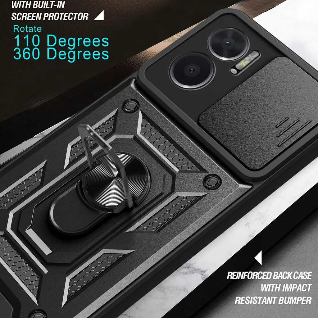 Custodia Per Xiaomi Redmi 10 / Redmi 10 Prime Con Sportellino Scorrevole Per Fotocamera E Supporto Ad Anello Girevole – Blu
