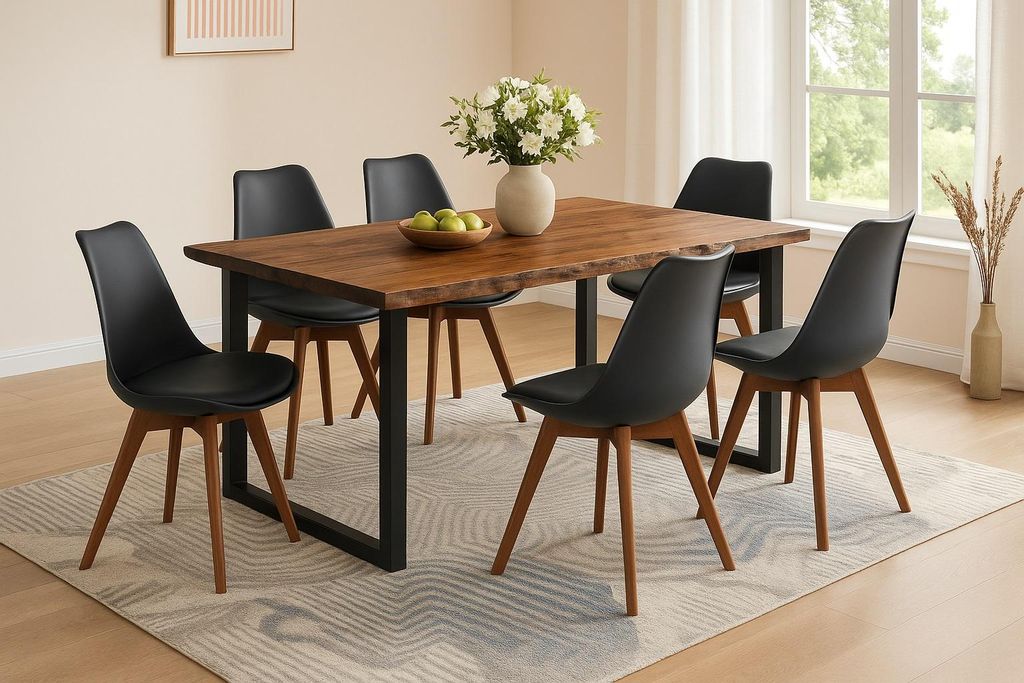 Essgruppe Baumkante massiv 220 x 100 cm Akazie nussbaumfarben U-Gestell schwarz & 6 Stühle schwarz QUINN