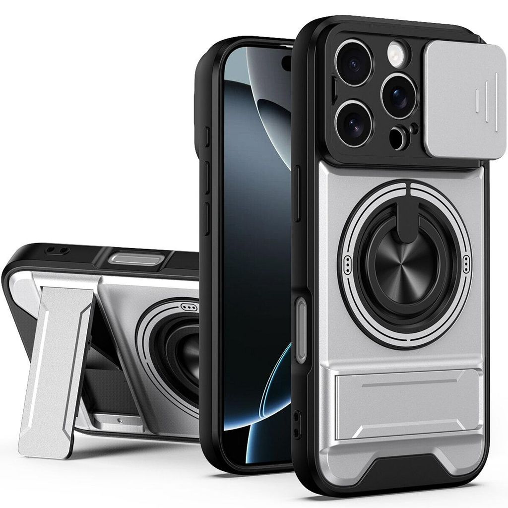 Magnetisch Hülle für iPhone 16 Pro Militär Stoßfest Hülle mit Dia Kameraschutz und Ringhalter Ständer Silber