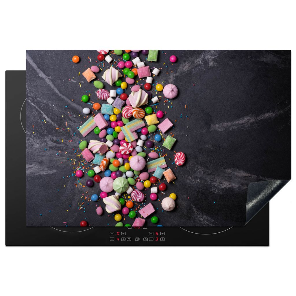 KitchenYeah Herdabdeckplatte Süßigkeiten - Bunt , 78x52cm, Küche Deko, Glaskeramikkochfeld Herdabdeckung, Abdeckplatte fùr Kochfeld