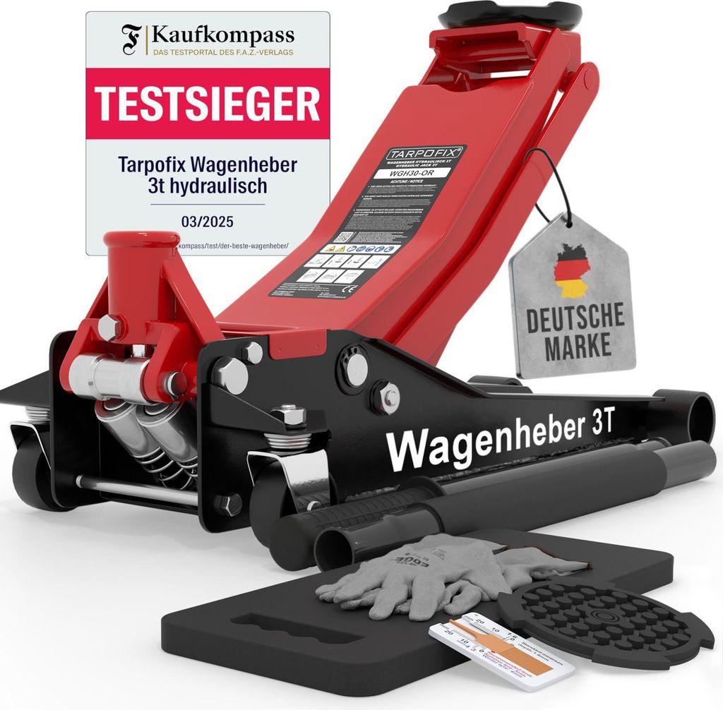 Tarpofix Wagenheber 3T hydraulisch – Rangierwagenheber flach für Auto & SUV, Hubhöhe 85 - 475 mm, inkl. Gummiauflage & Handschuhe