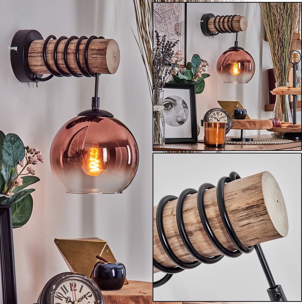 Cesaro Wandlampe aus Holz/Metall/Glas in Natur/Schwarz/Kupfer/Klar