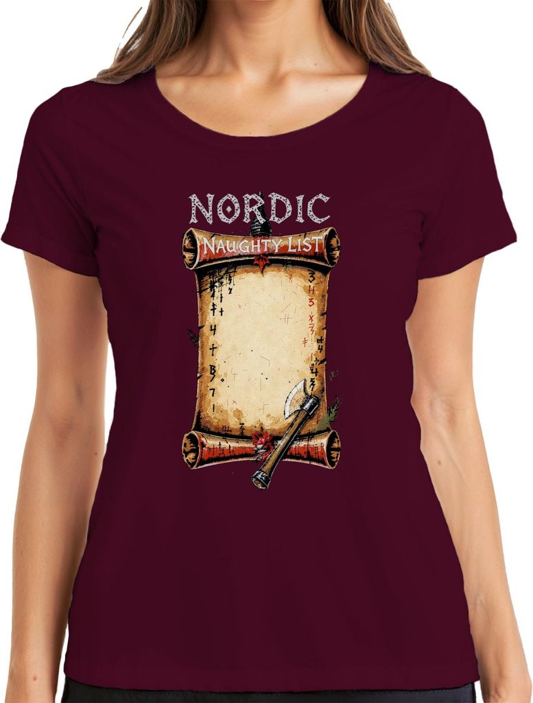 Viking Nordic Naughty List Runes Axt Weihnachtsgeschenk Retro Damen T-Shirt, Burgundy, S