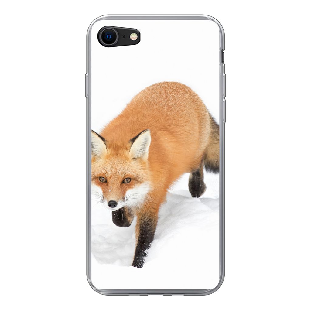 MuchoWow Handyhülle Schutzhülle Hülle für iPhone SE 2020 Fuchs - Schnee - Winter Silikon Softcase Handy Hülle - Kartenbesitzer
