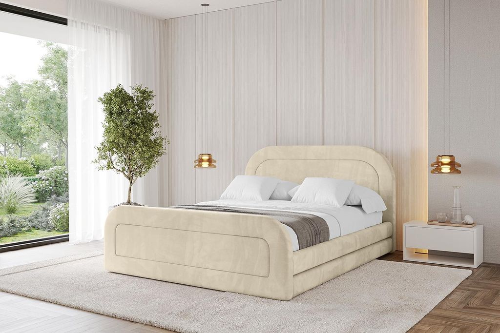 ALTDECOR Polsterbett mit Bettkasten - LERIS-Z 180x200 Beige- Bett mit Matratze H3/H4, Kopfteil und Fußteil, Boxbett, Doppelbett mit Stauraum