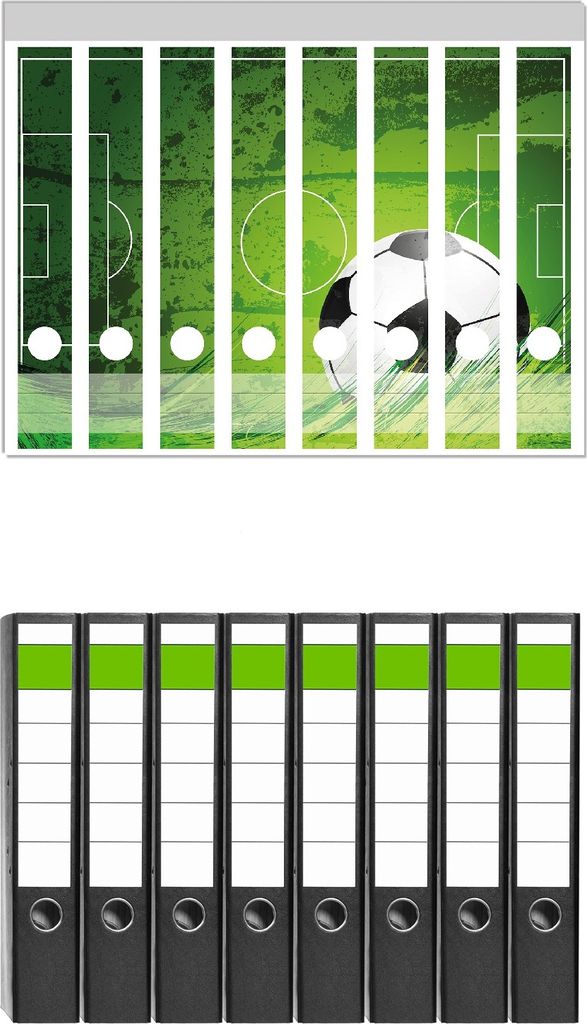 Wallario 8 Stück schmale Ordner inkl. Klebeetiketten mit Motive Fußball-Feld klassisch grün mit Ball - Set mit Rückenschildern / Ordnerrücken...