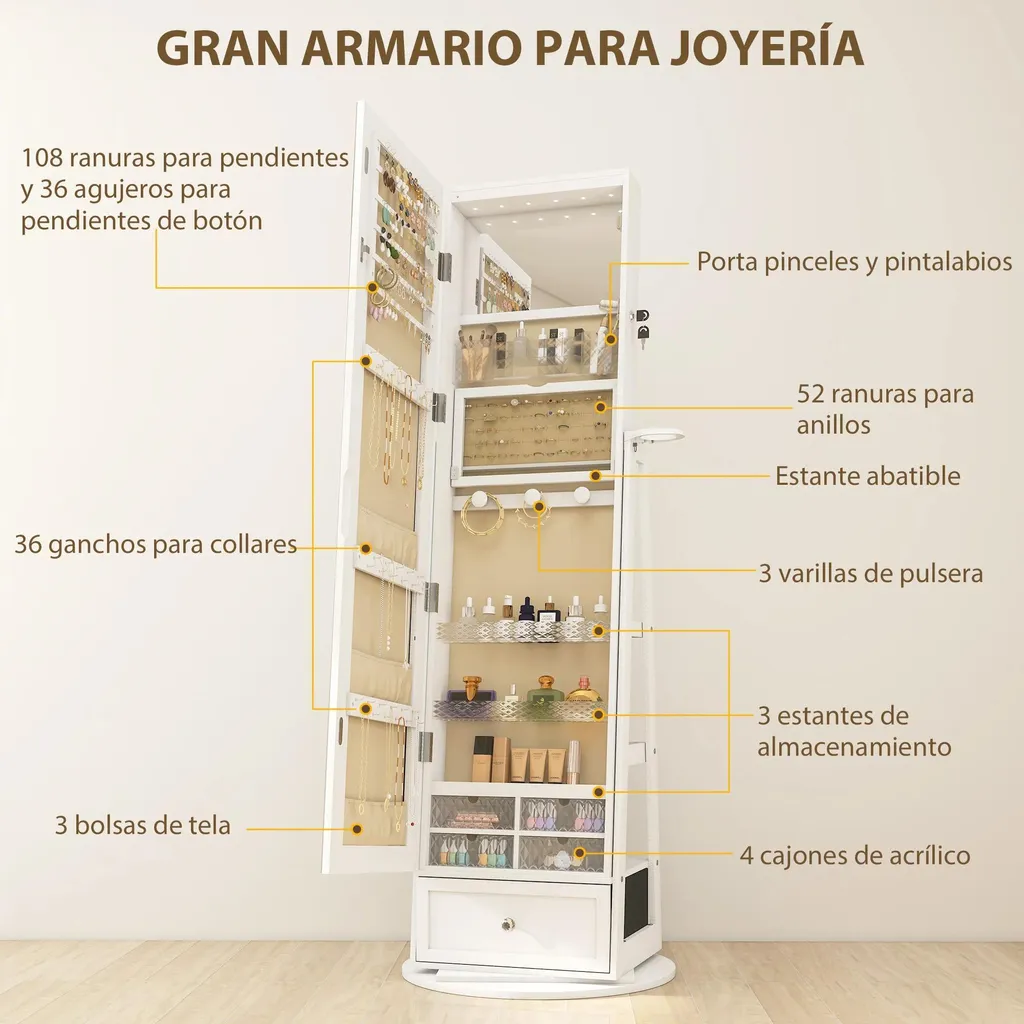Organisateur bijoux avec miroir LED et étagères pour grand dressing