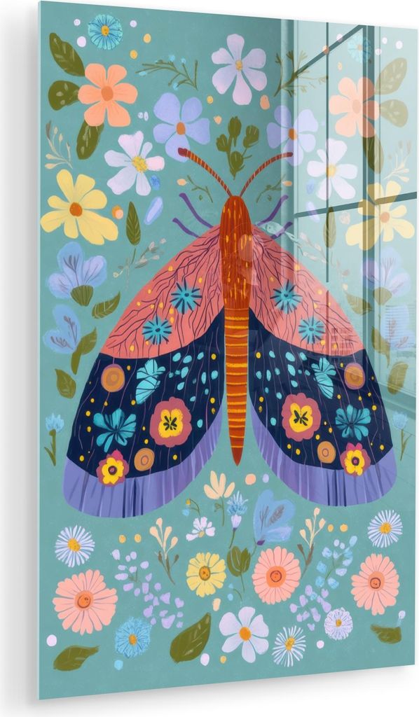 MuchoWow Glasbilder - Bilder auf Wandbild - Foto auf Glas Schmetterling - Ornamental - Blumen - Blätter 60x90 cm Wanddekoration aus Glas - Acrylgl...