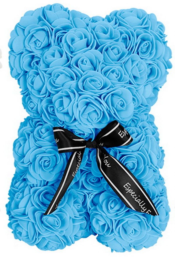 A blue rose bear with a black ribbon.