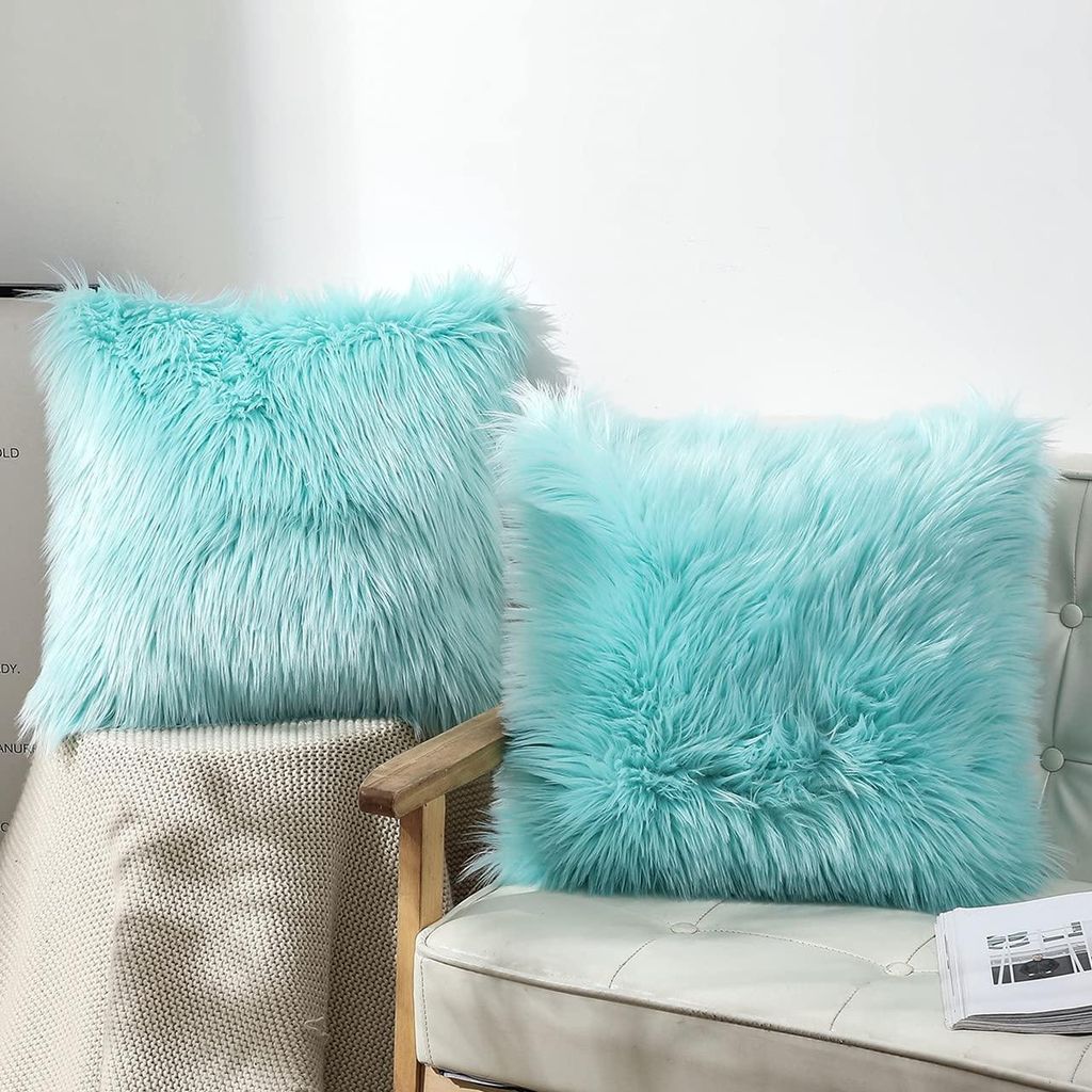 Set aus 2 Kissenbezügen aus Kunstfell, 50x50 cm, helltürkis, flauschiges Schaffell, dekorative Kissenbezüge, Zierkissen für Wohnzimmer, Sofa, B...