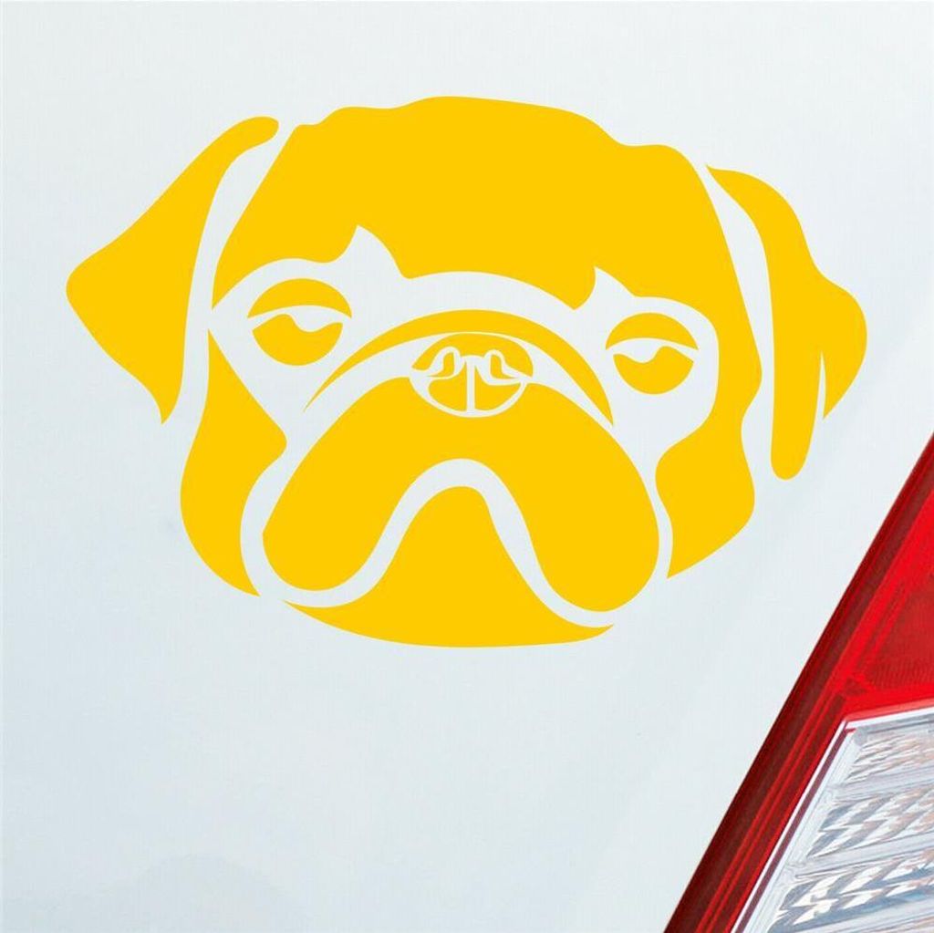 Auto Aufkleber süsser Mops Hund Dog Tier niedlich Puppy Kopf 13x9 cm Gelb Sticker Heckscheibenaufkleber