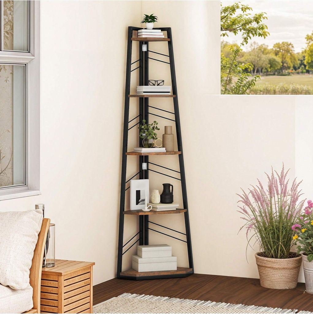 Eckregal 5 Ebenen, Eck-Bücherregal, Standregal Freistehend, Produktbild 