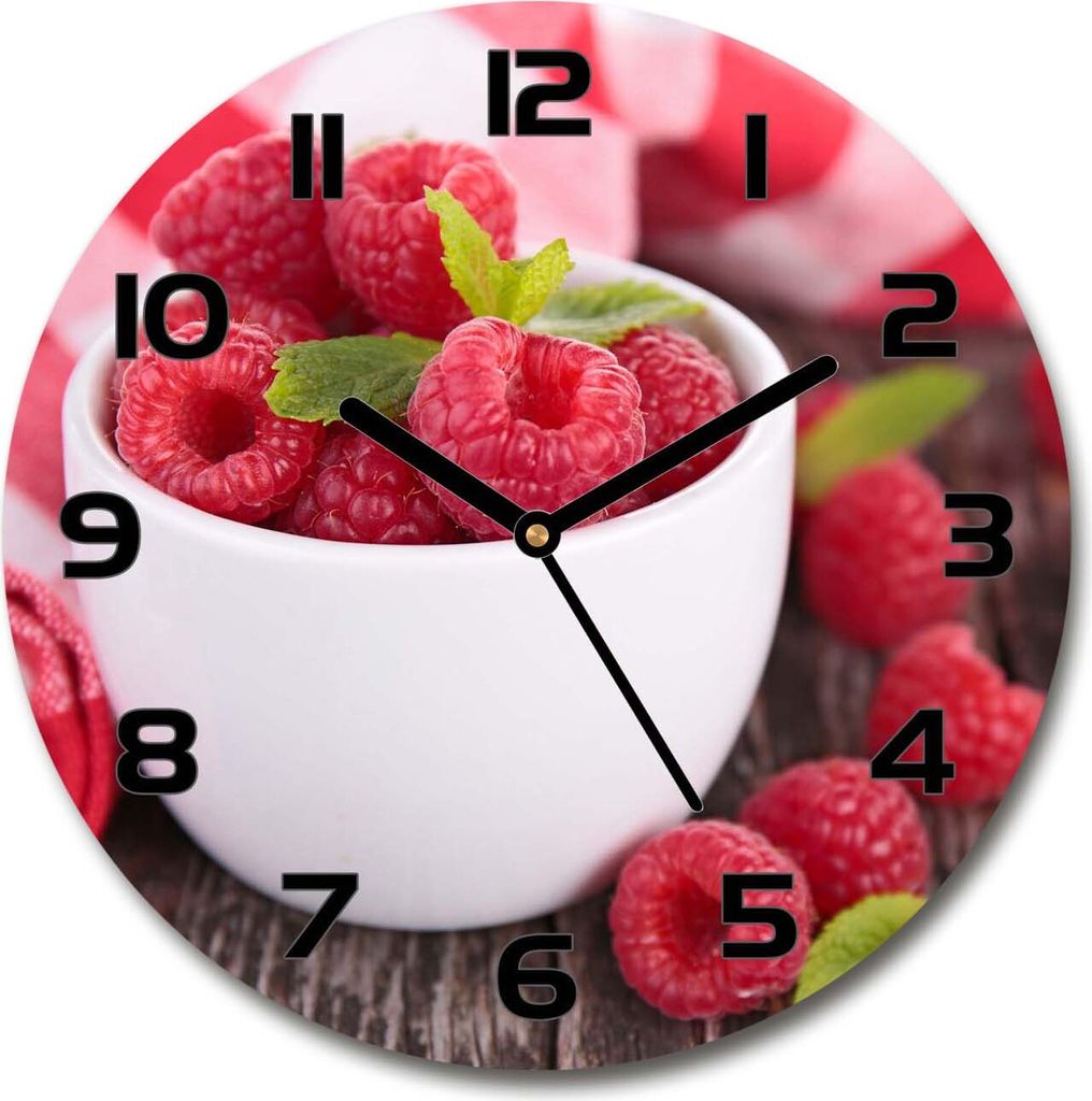 Wanduhr aus Glas 30fi Glasbild Glasuhr Gehärtetes Glas - schwarze-zeiger - Raspberries in a bowl