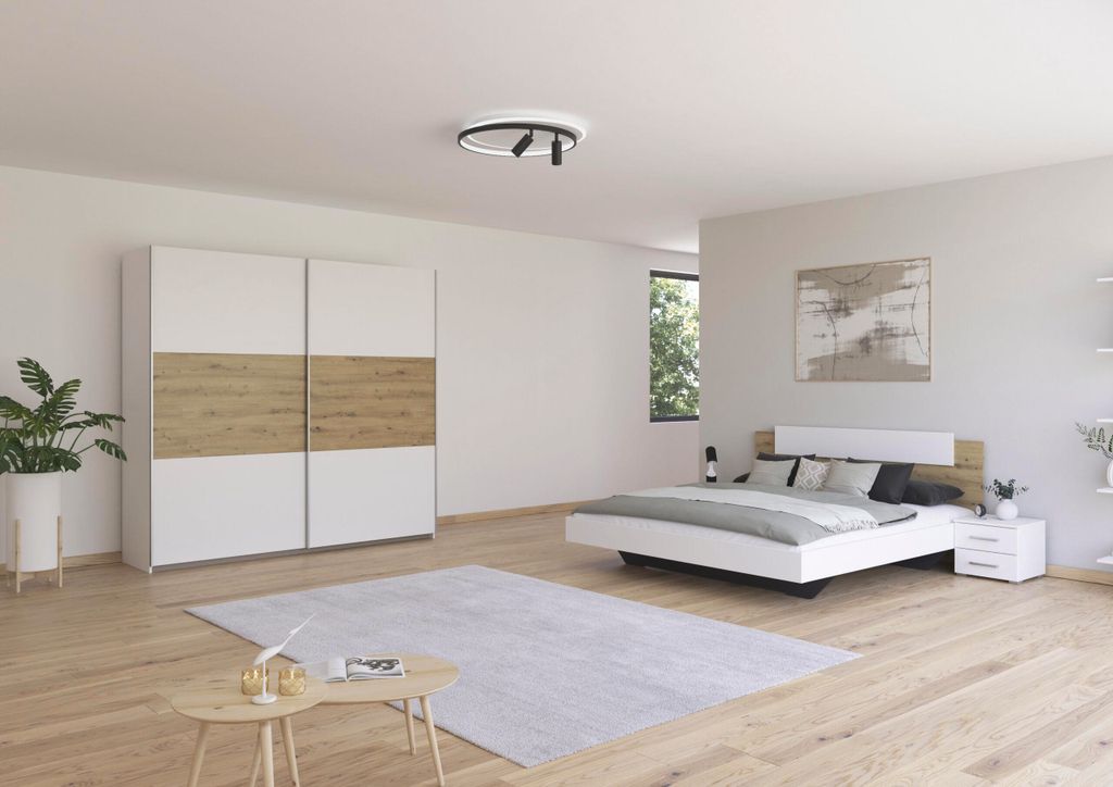 Schlafzimmer Borba in Weiß und Eiche mit Schwebetürenschrank 4 teilig – mit Bettanlage 180x200cm, zwei Nachttisch und Kleiderschrank 218cm Breite