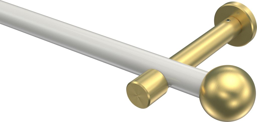 Interdeco Gardinenstange / Vorhangstange Weiß / Messing-Optik, Typ Prestige Luino (Kugel) ohne Ringe, 20 mm Ø 1-läufig, 420 cm