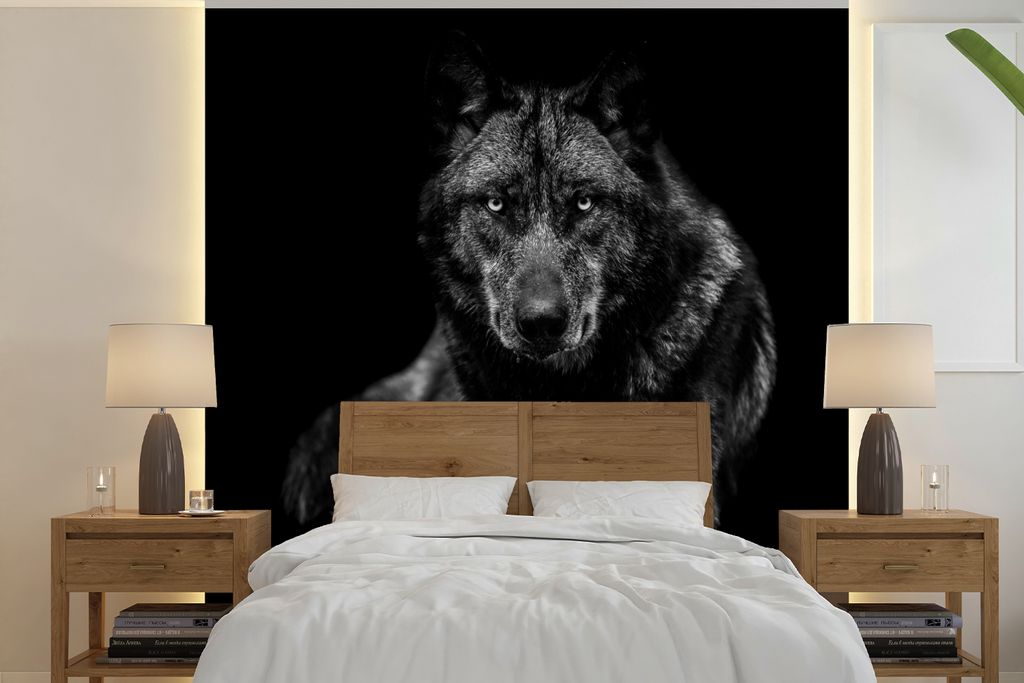 MuchoWow Fototapete für Wohnzimmer oder Schlafzimmer Wandtapete Vinyl Motivtapete Tiere - Wolf - Schwarz - Weiß - Porträt - 350x350 cm - Schla...
