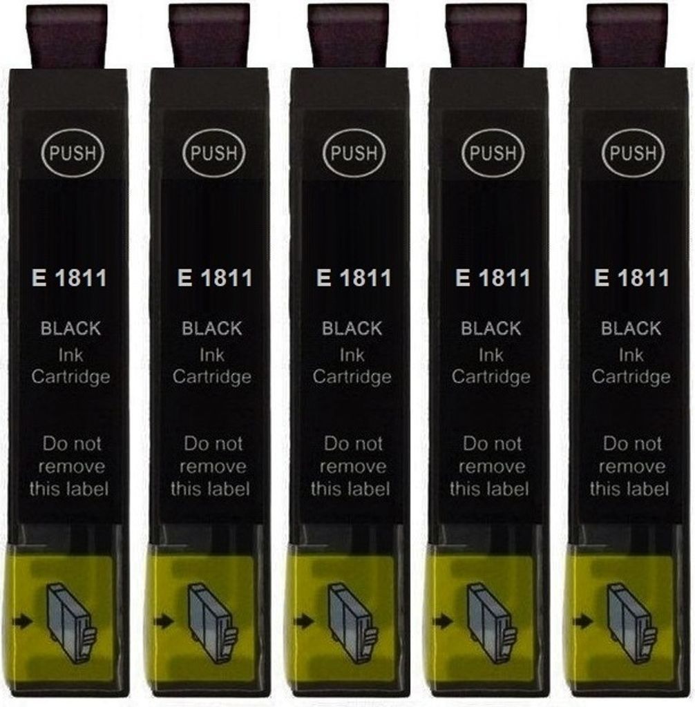 Five black ink cartridges are lined up against a white background.