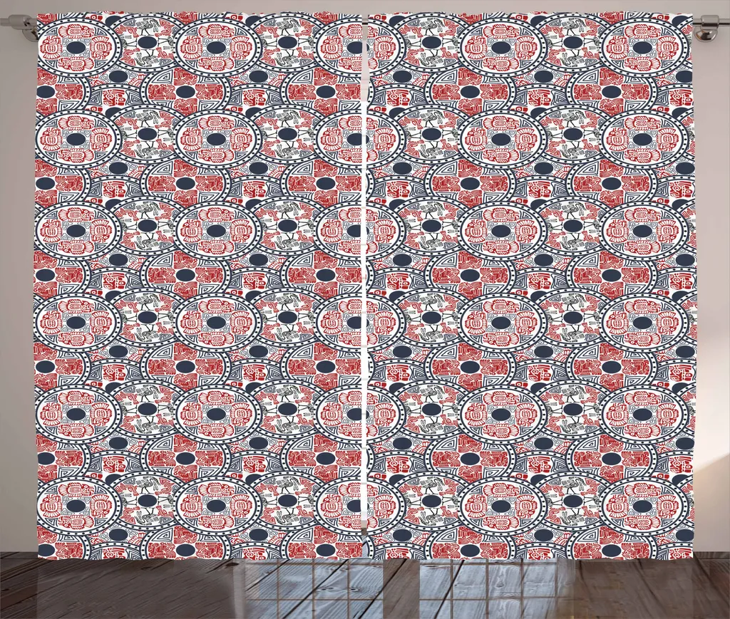 ABAKUHAUS Tenda rustica in stile azteco, motivi animali cerchi, tenda con passanti e ganci per camera da letto, 280 x 175 cm, rosso cinabro blu scuro