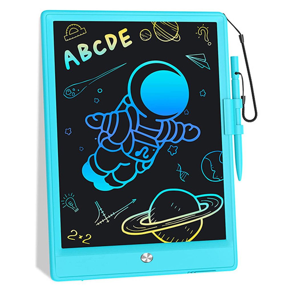 A blue digital drawing tablet with colorful drawings of space-themed objects and letters.