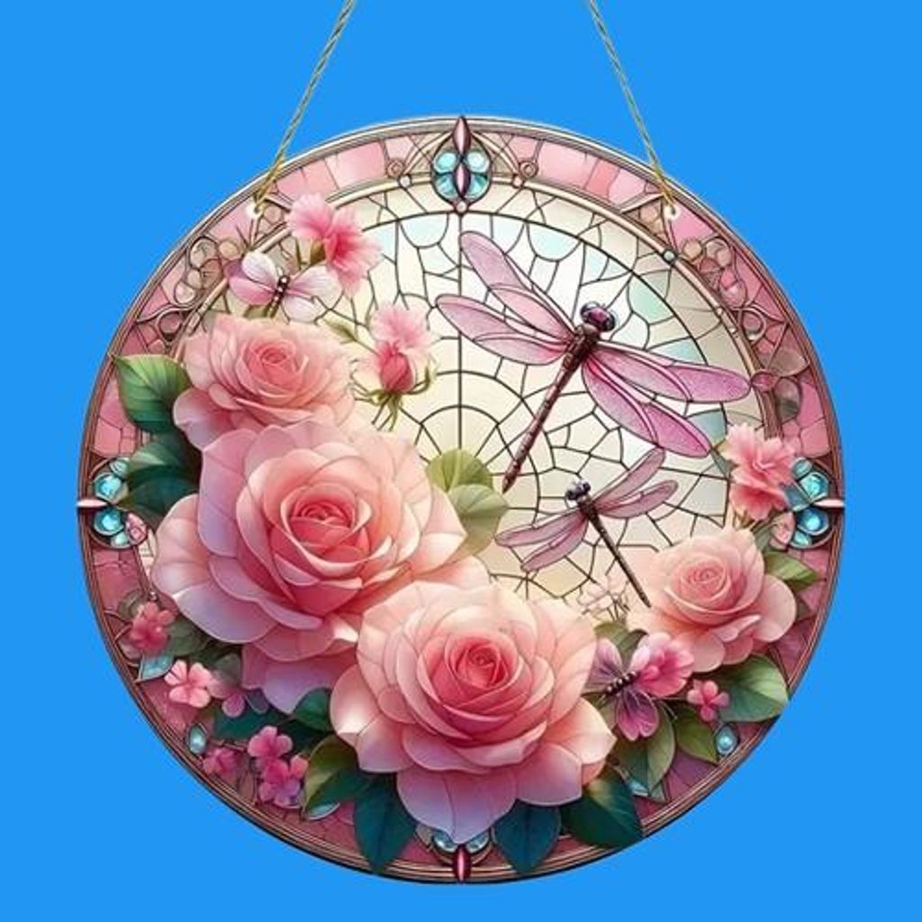 GKA XL Sonnenfänger 4 rosa Rosen mit Libelle 20 cm Buntglas Produktbild 