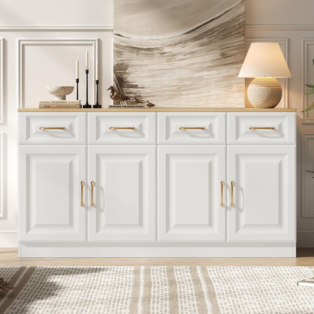 Merax Sideboard Buffet 140 cm mit 4 Schubladen und 4 Türen, Kommode aus Holz in Landhausstil, Stauraum für Küche, Wohnzimmer, Esszimmer, Weiß E...