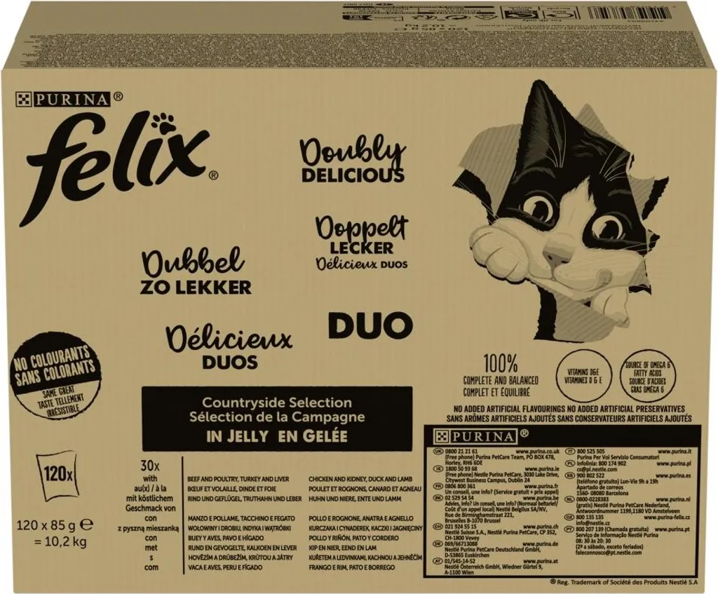 Felix Duo Croquettes pour chats adultes en gelée 10,2kg (120 x 85g)